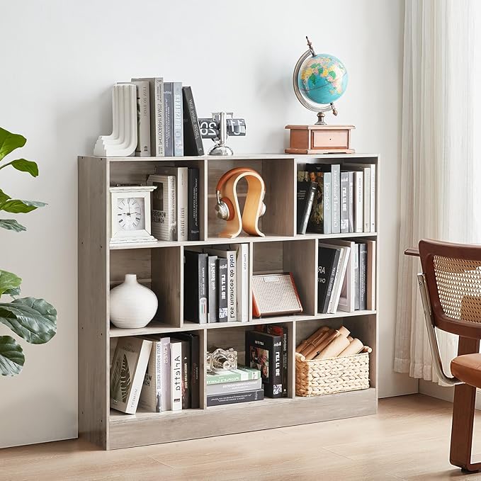 LEYAOYAO 10 Cube Bookshelf with Base,3 Tier Mid-Century Modern Grey Bookcase,Standing Wide Bookshelves Storage Organizer Shelf,Rustic Wood Display Cabinet Book Shelves for Bedroom,Living Room,Office-Ruum Studio Home