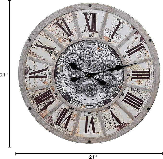Unique Moving Gear Large Wall Clock 21inch-Battery Powered. Retro Industrial Steampunk Country Farmhouse Decor for The Living Room Kitchen Bars cafes Offices(whith/metal/21)-Ruum Studio Home