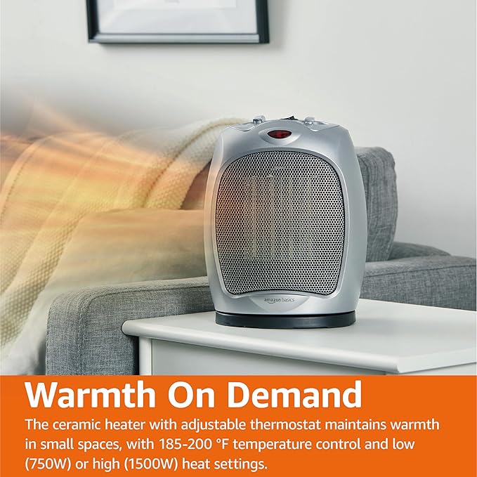 Amazon Basics Oscillating Ceramic Space Heater, Portable Indoor Heating Solution, With Overheat and Tip-Over Protection, Thermostat, 1500W, 7.52"D x 6.34"W x 9.45"H, Silver-Ruum Studio Home