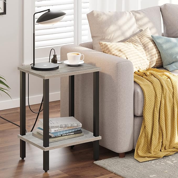 TUTOTAK End Table with Charging Station, Small Side Table with Outlets, Nightstand Bedside Table, 2-Tier Storage Shelf for Small Space, Living Room, Bedroom, Greige TB01BG040-Ruum Studio Home
