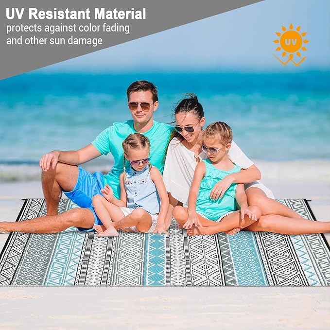 GAOMON Outdoor Rug 9'x12' Waterproof Rug for Patio Decor, Foldable Reversible Plastic Straw Area Rugs Mat for Camper, Outside Carpet for Deck, Porch, Picnic, Beach, Blue/Grey(Bohemia)-Ruum Studio Home