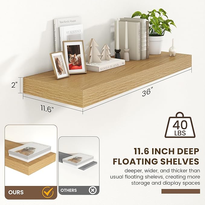 Deep Floating Shelves for Wall | 36 Inch Wide x 12 Inch Deep Floating Shelves | 36W x 12D Rustic Oak Wide Wall Shelves | Bookshelf Laundry Shelf TV Shelf-Ruum Studio Home