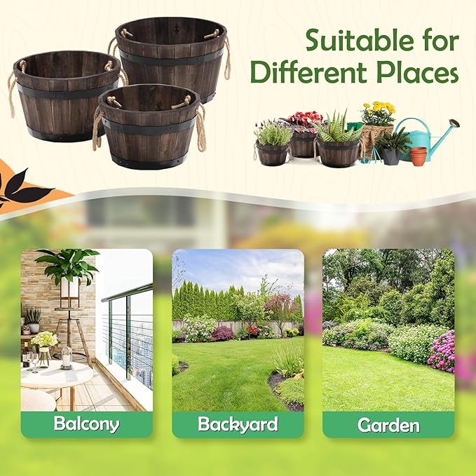 IDZO Set of 3 Wooden Flower Boxes Outdoor, Durable Acacia Wood Barrel Planters for Outdoor Plants with Ergonomic Handles, Drainage Holes, Multiple Sizes Wood Bucket Planter for Home Décor-Ruum Studio Home