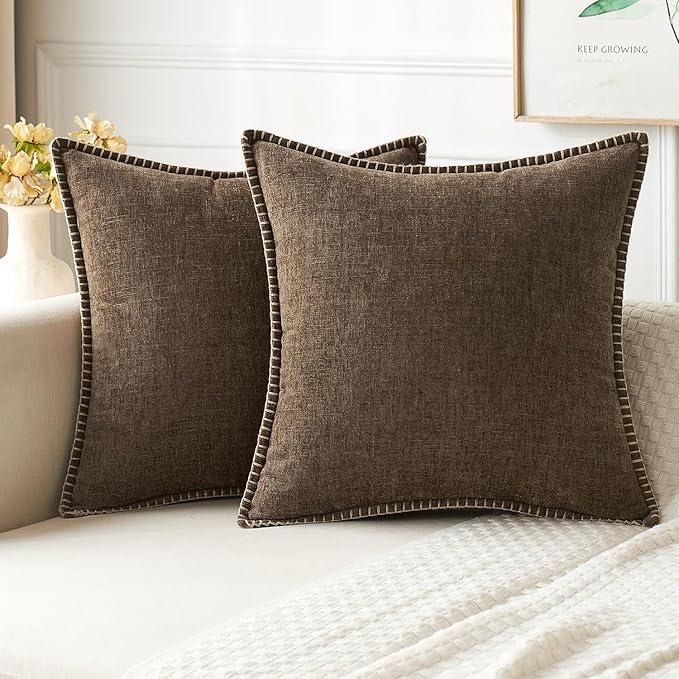 MIULEE Pack of 2 Couch Throw Pillow Covers 18x18 Inch Brown Farmhouse Decorative Pillow Covers with Stitched Edge Soft Chenille Solid Dyed Spring Pillow Covers for Sofa Bed Living Room-Ruum Studio Home