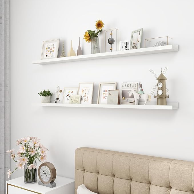 Picture Ledge Shelf, Wood Long Floating Shelves for Wall, Set of 2, 56 inch Picture Ledge Shelves, Photo Ledge Nursery Book Shelves Wall Mounted for Living Room Kids' Room Bedroom, Color White-Ruum Studio Home