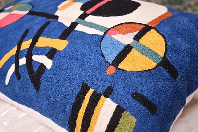 Lumbar Kandinsky Blue Modern Pillow Cover - Counterweights Mid-Century Chair Cushions Blues Abstract Pillowcase Contemporary Sofa Pillowsham Handembroidered Wool Size 14x20-Ruum Studio Home