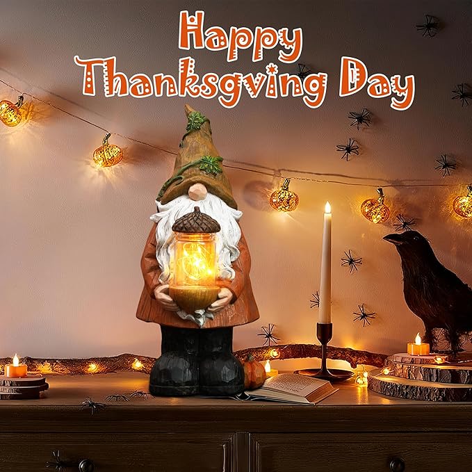 Topadorn Fall Garden Gnome Statue Light, Autumn Harvest Gnome Figurine with Pine Cone on Hand for Fall Harvest Party Thanks, Autumn Thanksgving Gifts for Famliy-Ruum Studio Home