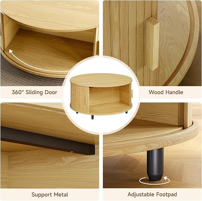 Round Coffee Table with Storage, 31.5" Modern Coffee Table with 360° Curved Sliding Door, Fluted Wood Accent Coffee Table with Adjustable Footpads, Round Center Table for Living Room, Oak-Ruum Studio Home