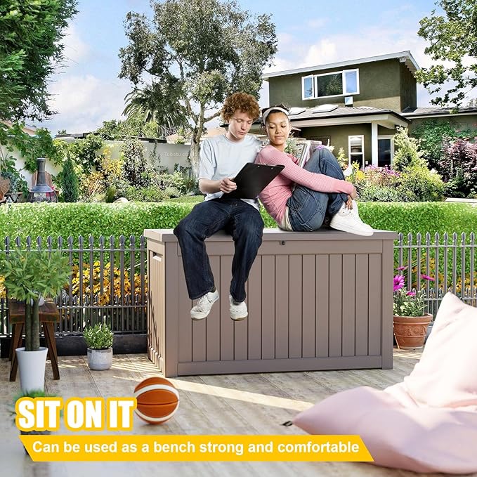 XXL 230 Gallon Large Resin Deck Box, Lockable Outdoor Storage Box for Patio Cushions Storage Furniture,Garden Tools, Pool Supplies, Weatherproof and UV Resistant- Grey (230 Gallon)-Ruum Studio Home