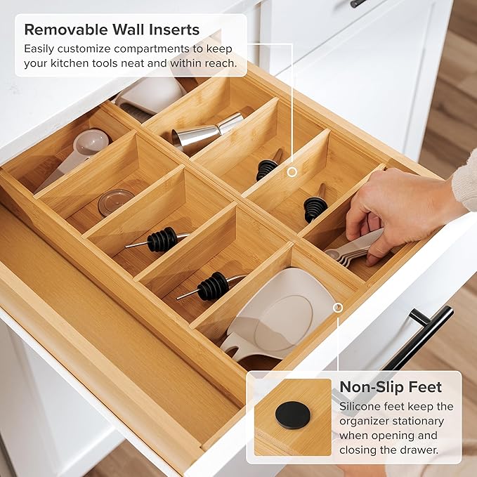 Premium Kitchen Utensils and Junk Drawer Organizer – Small 5-Compartment Design with 4 Removable Dividers, Non-Slip Feet, 100% Sustainable Bamboo, 2 Pack-Ruum Studio Home