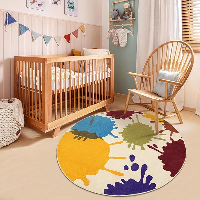 STARUIA Art Round Rug for Playroom, 4'x4' Colorful Kids Rug for Nursery, Non-Slip Small Circle Rugs for Kids Room, Machine Washable Bedroom Rugs Soft Circular Office Carpet for Preschool Dorm-Ruum Studio Home
