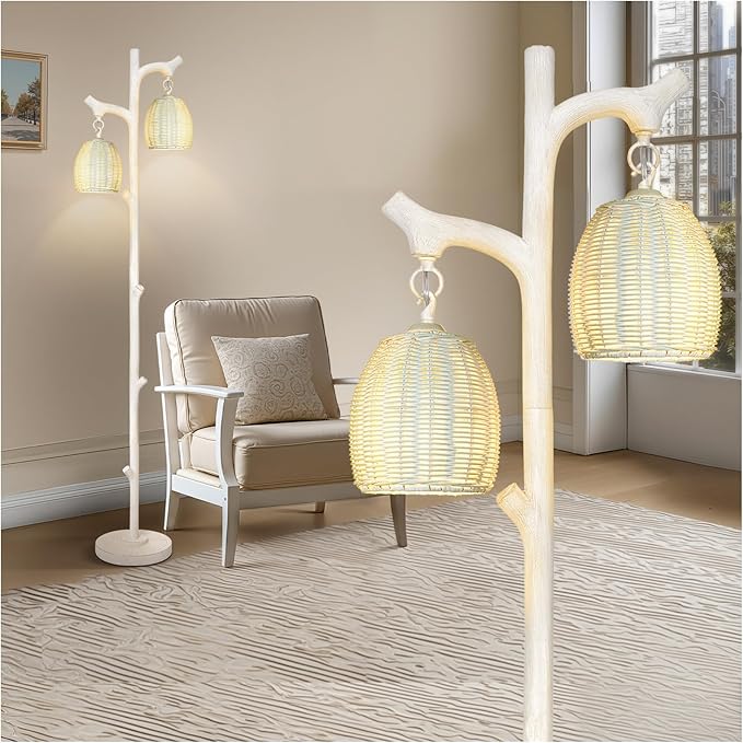 Scenekoy Rustic 68” Tall Floor Lamp with Rattan Shade, Retro Standing Lamp Tree Trunk Washed White Finish & Resin Body, Dimmable Corner Lamp with Bulb Prefer for Living Room Bedroom Home Decor-Ruum Studio Home