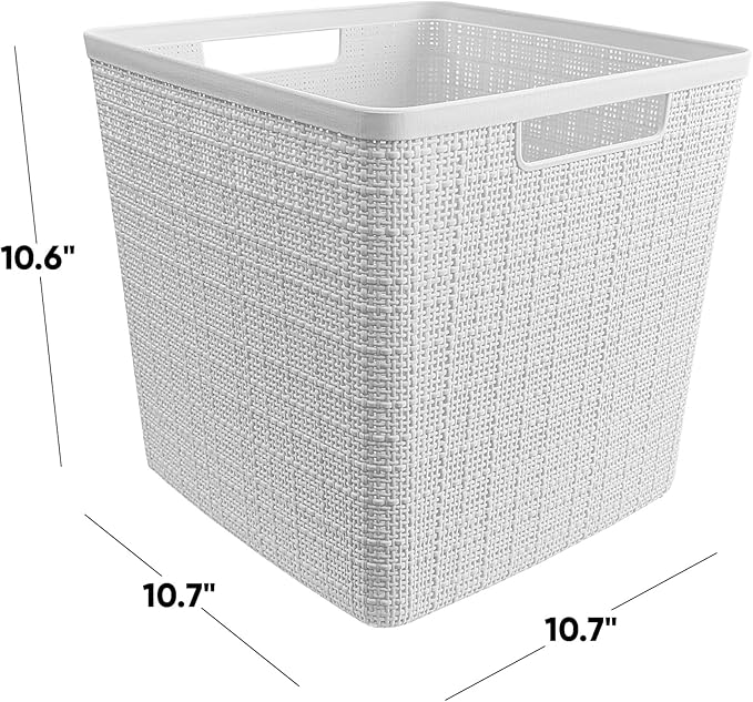 Curver Jute Decorative Plastic Organization and Storage Basket Perfect Bins for Home Office, Closet Shelves, Kitchen Pantry and All Bedroom Essentials, White, Large Cube, Set of 4-Ruum Studio Home