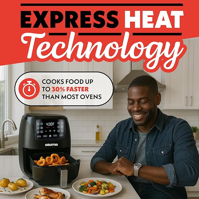 Gourmia Air Fryer Oven Digital Display 4 Quart Large AirFryer Cooker 12 1-Touch Cooking Presets, Black and Stainless Steel Accents Fry Force GAF486-Ruum Studio Home