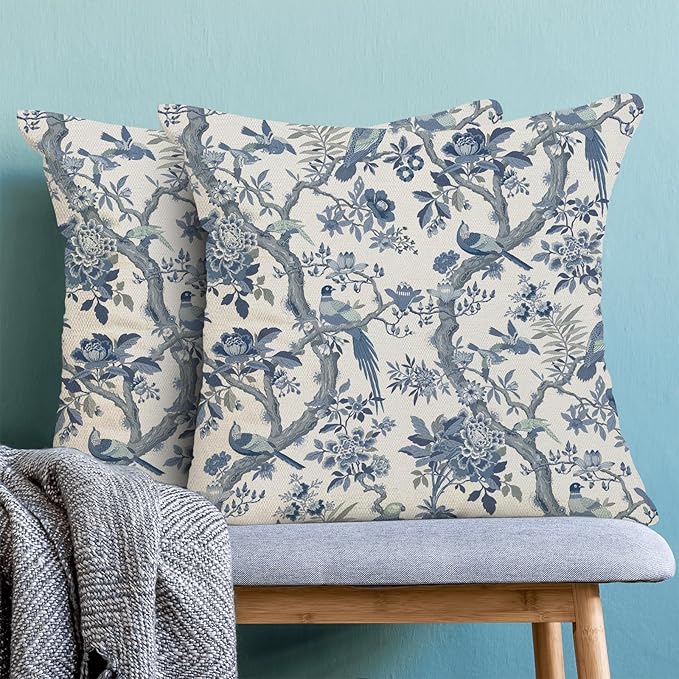 CXMEIFLY Spring Pillow Covers 18 x 18 Inch Set of 2 for Navy Blue Chinoiserie Flowers Bird Decor Throw Pillows Vintage Floral Plant Outdoor Decorative Cushion Cases for Couch Bed Decorations-Ruum Studio Home