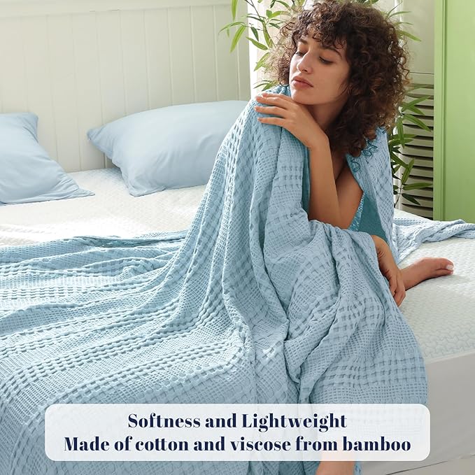 PHF Cooling Waffle Blanket King Size, Lightweight 60% Rayon Derived from Bamboo & 40% Cotton Breathable Blanket for Hot Sleepers, Soft and Luxury for Bed Couch and Sofa,104"x90",Sky Blue-Ruum Studio Home