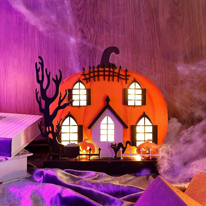 Lulu Home Halloween Tabletop Decoration, Wooden Lighted Pumpkin House Decoration Ornaments, Battery Operated Halloween Sign Indoor Fireplace Desk Kitchen Table Ornament, 9 x 9 x 2.1 INCH-Ruum Studio Home