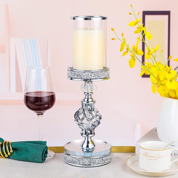 Hanjue Crystal Candle Holders for Pillar Candle, Metal Crystal Candle Holder for Home Decor, Centerpieces, Coffee Dining Table CH0509 (Silver (M))-Ruum Studio Home