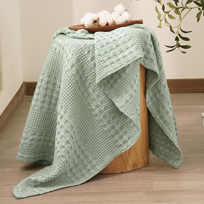 PHF 100% Cotton Waffle Weave Throw Blanket, Soft Lightweight Breathable Cozy Summer Throws for Couch Bed Sofa, Luxury Aesthetic Woven Blanket for Home Decor & Office, 50"x60", Sage Green-Ruum Studio Home