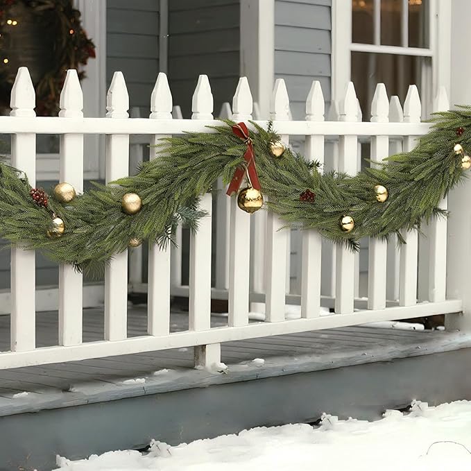 9FT Christmas Norfolk Pine Garland -2PCS, Artificial Pine Needles Garlands Faux Greenery Fake Garland for Holiday Fireplace,Table,Window,Stairs,Mante,Indoor Outdoor Decor-Ruum Studio Home