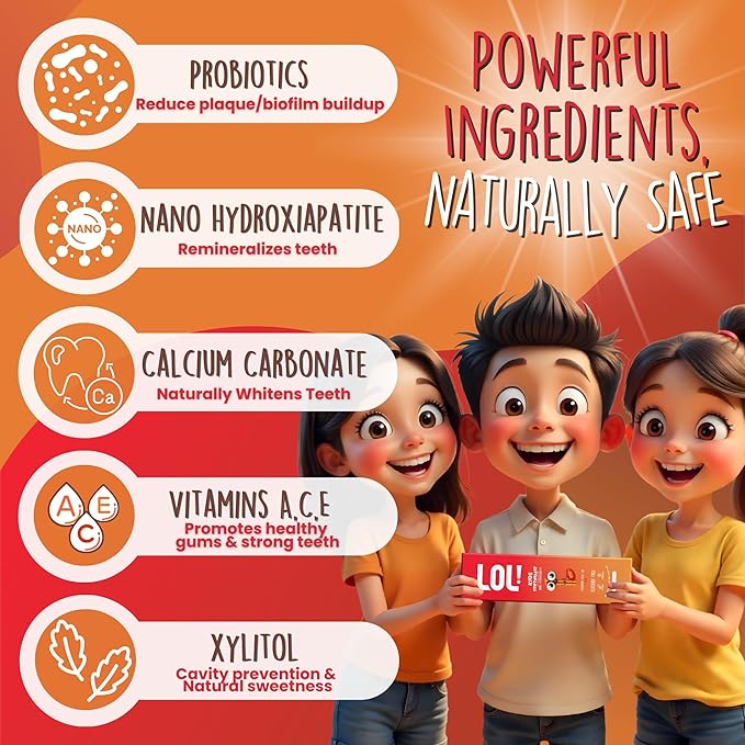 LOL Toddler Toothpaste, Nano Hydroxyapatite Toothpaste, Probiotics, Vitamins, Xylitol Tooth Paste Kids | Remineralizing | Natural | Plant-Based Foam | Pasta De Dientes para Niños (Cinnamon)-Ruum Studio Home