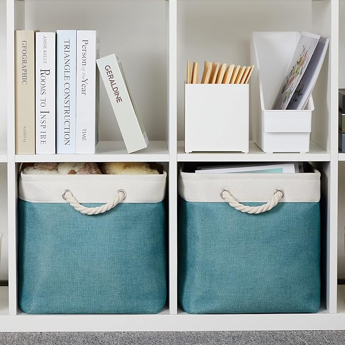 Bidtakay Foldable Storage Bins Set of 2 Tall Cloth Baskets 16" X 11.8" X 11.8" Decorative Organizers for Linen Closet (White & Teal)-Ruum Studio Home