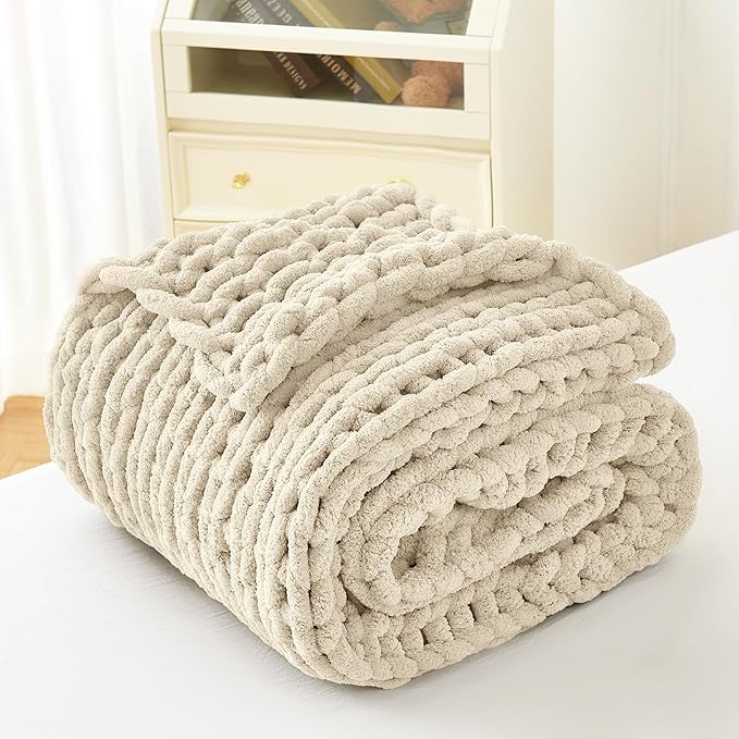 Admitrack Chunky Knit Blanket Throw, 100% Hand Knit Chenille Throw Blanket for Sofa & Home Decor, Soft and Cozy Knitted Throw Blankets (Ivory, 60""x80""), XNR09-Ruum Studio Home