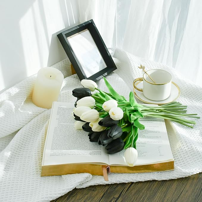 Mandy's Artificial Tulips 20 Stems Black and White PU Faux Flowers for Wedding Home Decor 13.5 Inch-Ruum Studio Home