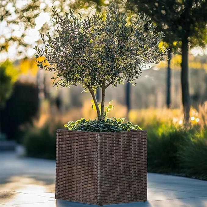 LEWIS&WAYNE Large Square Planter Box Handmade Wicker Tall Planters for Outdoor Plants with Removable Liners Modern Planter for Indoor Outdoor Garden Patio Front Porch - Brown, 17''x17''x18''-Ruum Studio Home