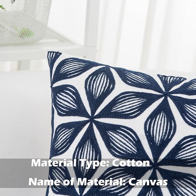 HWY 50 Navy Blue Decorative Throw Pillow Covers 18x18 Inch (1 Piece), Embroidered Cotton Farmhouse Cushion Cover Pillow Case for Sofa Couch Living Room Bed, Fashion Geometric-Ruum Studio Home