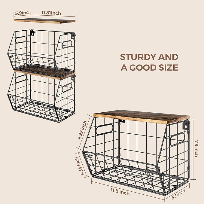 Delamu 2-Pack Stackable Metal Fruit Basket with Wood Lid-Wall Mounted & Countertop Organizer for Kitchen,Pantry- Ventilated Storage for Onions,Potatoes,Fruits,Spices (12"x 8"x 8-5/16")-Ruum Studio Home