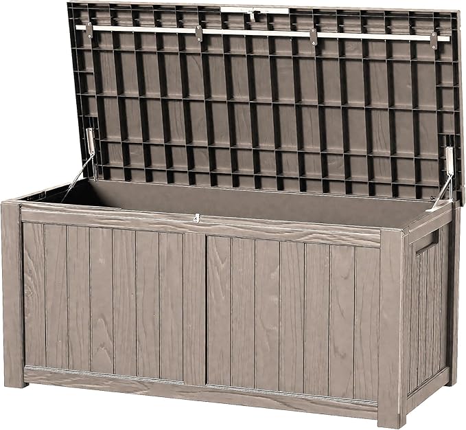 120 Outdoor Storage Box, Waterproof Resin Deck Box for Indoor & Outdoor Use, Lockable Storage Bench with Piston Hinge, Storage Bin for Patio Cushions, Garden Tools, Package Delivery, Grey-Ruum Studio Home