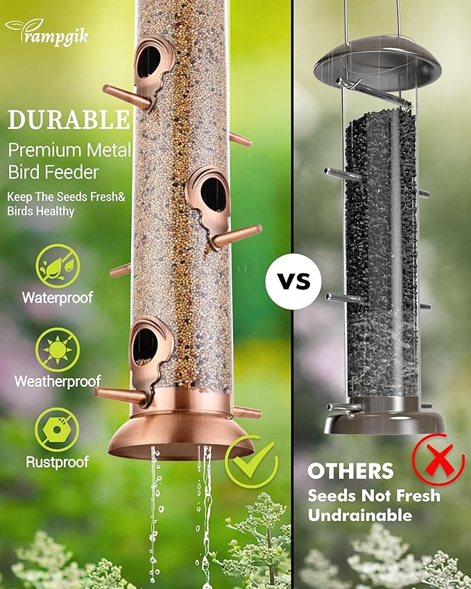 Metal Tube Bird Feeders for Outdoors Hanging,Finch Feeders for Outside,All Metal Brushed Copper Finishing,14 Inch 6 Port (Seed is not Included)-Ruum Studio Home