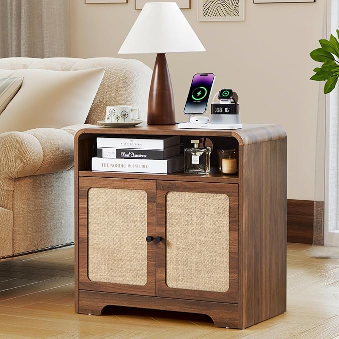 24" Large Side Table with Charging Station, Mid Century Modern End Table with USB/Type-C Ports, Curved Wood Nightstand with Storage & Natural Linen, Couch Side Table for Living Room Bedroom, Walnut-Ruum Studio Home