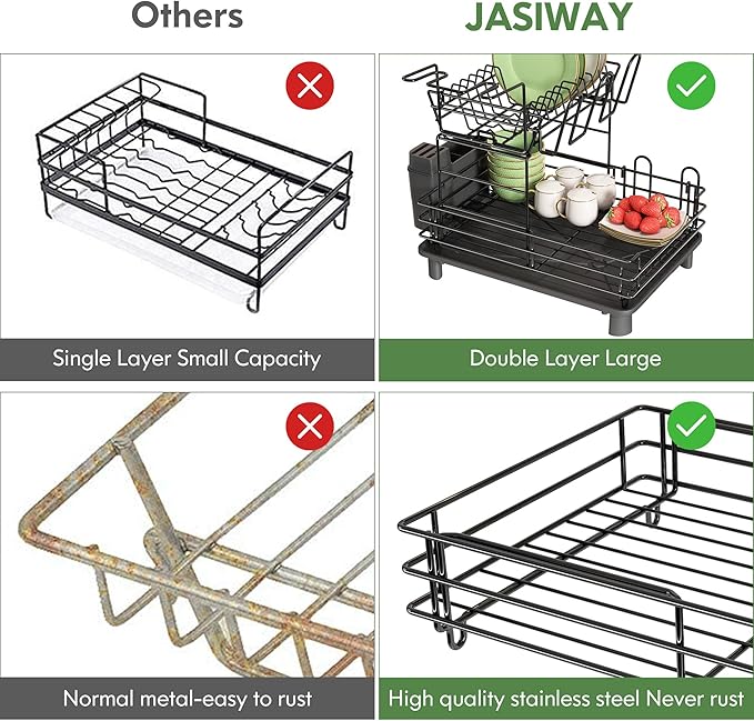 2 Tier Black Large Stainless Steel Dish Drainers Drying Rack for Kitchen Counter with Drainboard, Rust Proof Metal, Space Saving, Modern Aesthetic, Compact Plates Strainers with Extra Mat-Ruum Studio Home