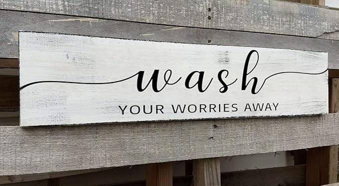 Farmhouse Bathroom Sign, Wash Your Worries Away, Rustic Wooden Bathroom Wall Art Decor, Inspirational Signs Bath Wall Hanging Art Home Decor (Wash) 4x16 Inch-Ruum Studio Home