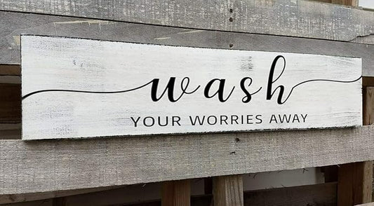 Farmhouse Bathroom Sign, Wash Your Worries Away, Rustic Wooden Bathroom Wall Art Decor, Inspirational Signs Bath Wall Hanging Art Home Decor (Wash) 6x18 Inch-Ruum Studio Home