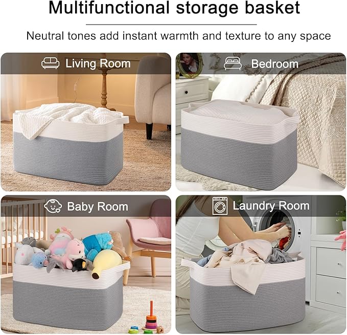 OIAHOMY 95L Blanket Basket, 24”x17”x14”, Large Woven Baskets for Storage, Nursery Cotton Rope Basket with Handle, Living Room, Nursery, Bedroom,Toy Baskets Organizer Bins, Grey & White-Ruum Studio Home