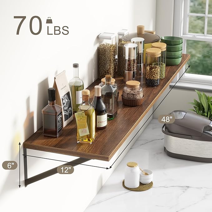 12 Inch Deep Floating Shelves,48W x 12D Floating Shelves, Deep Wall Shelves Bracket Set of 2, Large Display Floating Shelf for Bathroom, Living Room, Wide Storage Wooden Wall Shelf, Walnut-Ruum Studio Home