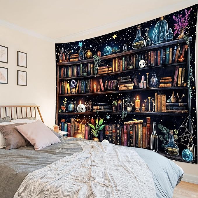 HVEST Magic Bookshelf Tapestry Wall Hanging Vintage Bookshelf Witchy Books Plant Skull Gothic Halloween Wall Decor Starry Sky Tapestry for Bedroom Living Room Dorm, 60L x 80W Inches-Ruum Studio Home