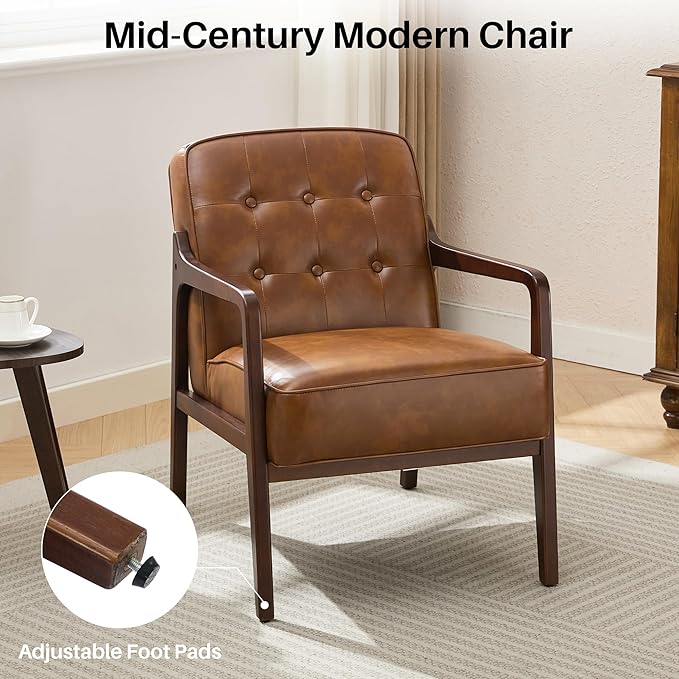 Faux Leather Accent Chair, Mid Century Modern Chair for Living Room, Upholstered Comfy Lounge Armchair with Solid Wood Frame, Reading Side Chair for Bedroom,105°Ergonomic Comfort, Brown-Ruum Studio Home