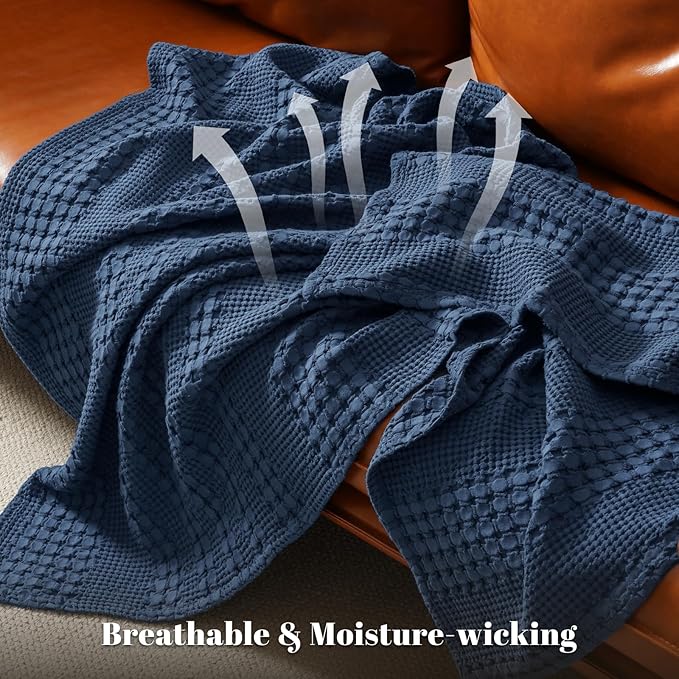PHF 100% Cotton Waffle Weave Throw Blanket, Soft Lightweight Breathable Cozy Summer Throws for Couch Bed Sofa, Luxury Aesthetic Woven Blanket for Home Decor & Office, 50"x60", Bright Navy-Ruum Studio Home