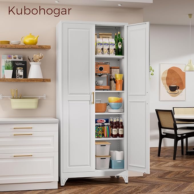 75" Kitchen Pantry Cabinet, White Metal Storage Cabinets with 2 Doors and 4 Adjustable Shelves, Tall Pantry Storage Cabinet for Kitchen, Dining Room, Living Room-Ruum Studio Home