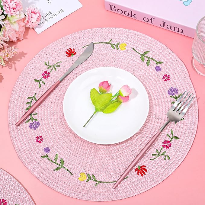 Whaline 4Pcs Round Placemats Spring Flower Embroidered Place Mats Pink Floral Dinner Table Mats for Home Holiday Wedding Bridal Baby Shower Birthday Party Decor-Ruum Studio Home