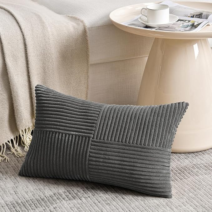 Fancy Homi 2 Packs Dark Gray Long Lumbar Decorative Throw Pillow Covers 12x24 Inch for Couch Bed Sofa, Rustic Farmhouse Boho Home Decor, Soft Striped Corduroy Rectangle Accent Cushion Case 30x60 cm-Ruum Studio Home