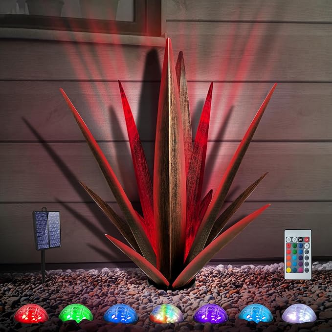 Large Tequila Rustic Sculpture, Rustic Metal Agave Plants for Outdoor Patio Yard, Home Decor Hand Painted Metal Agave Garden Yard Statue, Outdoor Lawn Ornaments (Red - L (W/Solar Light))-Ruum Studio Home
