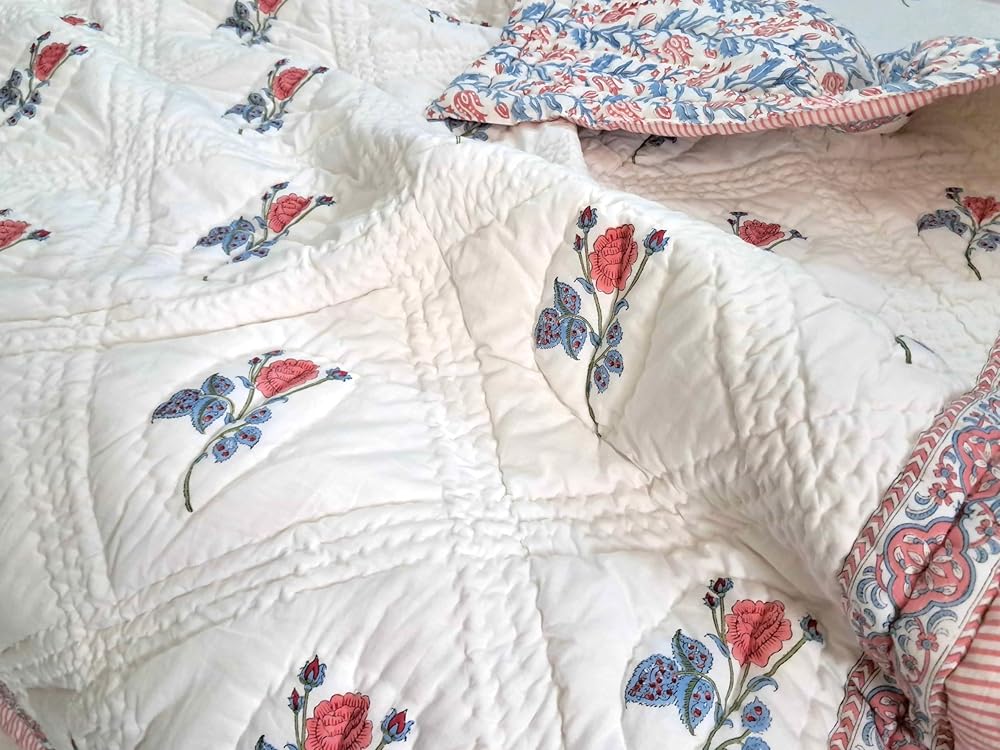 Twin Size Rose Pink Cotton Throw Blanket – 60x90 Hand Block Printed Lightweight Quilt – Soft Bedspread for Couch, Sofa & Bed – Cozy All-Season Boho Floral Blanket – Handmade in India-Ruum Studio Home