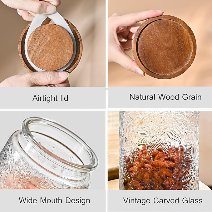 32oz Vintage Glass Jar With Lid, Glass Storage Containers, Airtight Kitchen Storage Containers For Sugar, Coffee, Tea, Spice, Flour, Candy Cookie, Pasta, Cereal, Cute Decorative Jars-Ruum Studio Home