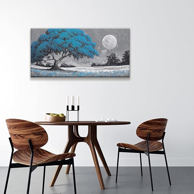 TAIJXAGSG Wall Art For Living Room Blue Tree Moon Canvas Art Wall Decor Artwork Print Painting 20" X 40" Canvas Picture For Bedroom Decor Modern Salon Kitchen Office Hang A Picture-Ruum Studio Home