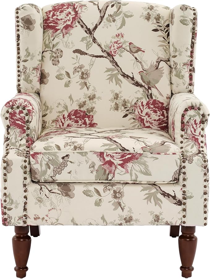 UIXE High Back Floral Accent Chairs Set of 2, Fabric Upholstered Armchair for Living Room, Retro Wingback Arm Chair with Solid Wood Leg, Nailhead Trim Single Sofa Bedroom Reading Seat - Beige-Ruum Studio Home